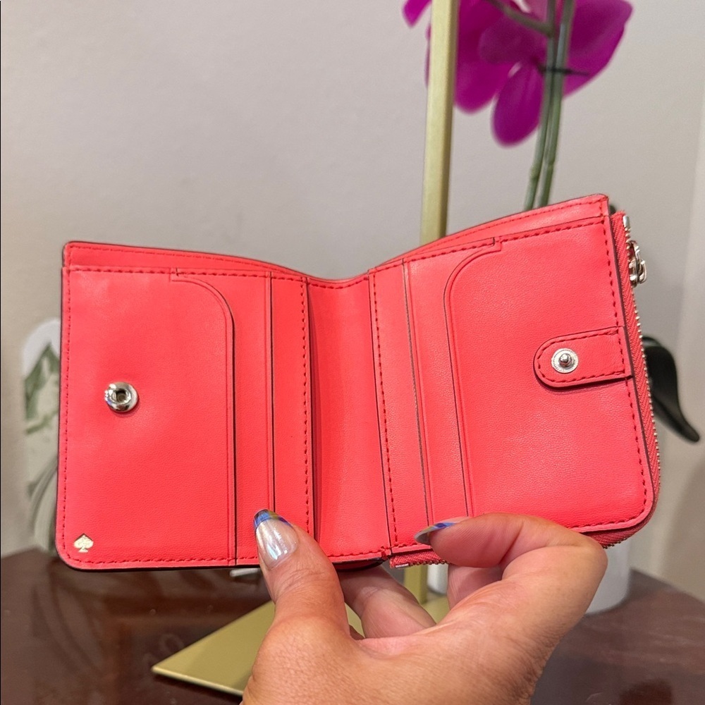 Kate Spade Vibrant Red Wallet Pink square card coin purse designer bifold - Picture 3 of 8